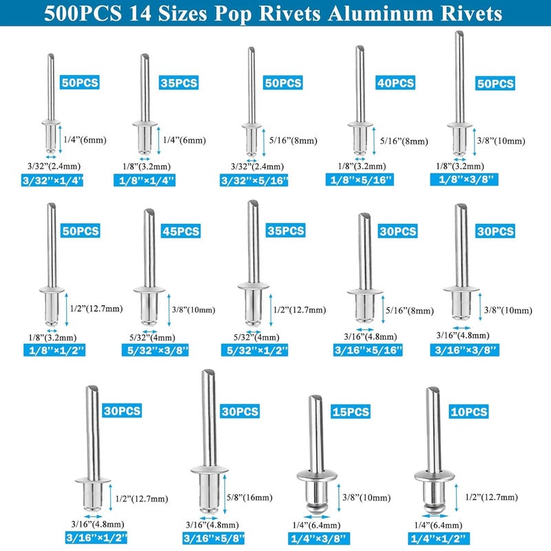 Sunxeke 780pcs Pop Rivets with Washers Assortment Kit,14 Sizes Pop Aluminum Rivets(3/32 1/8 5/32 3/16 1/4 inch) and 4 Sizes washers,Assorted Blind Rivets for DIY/Automotive Repairs/Furniture with Box - Image 2